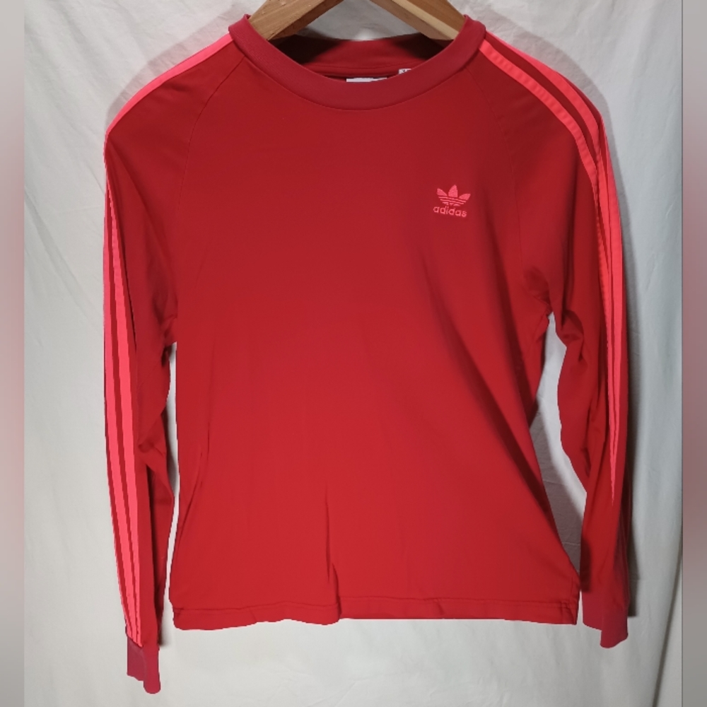 Adidas medium 3 stripe pink and red lightweight long sleeve shirt in great shape